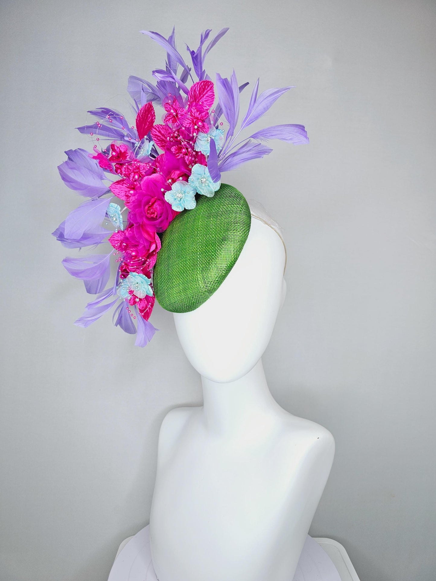 kentucky derby hat fascinator lime green sinamay,bright pink fuchsia baby blue organza satin flowers, pink leaves,lavender purple feathers