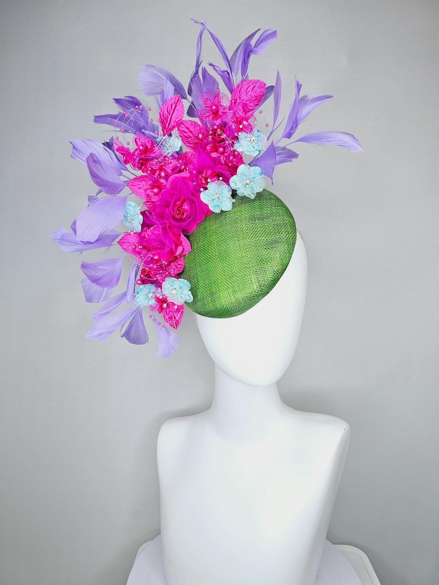 kentucky derby hat fascinator lime green sinamay,bright pink fuchsia baby blue organza satin flowers, pink leaves,lavender purple feathers