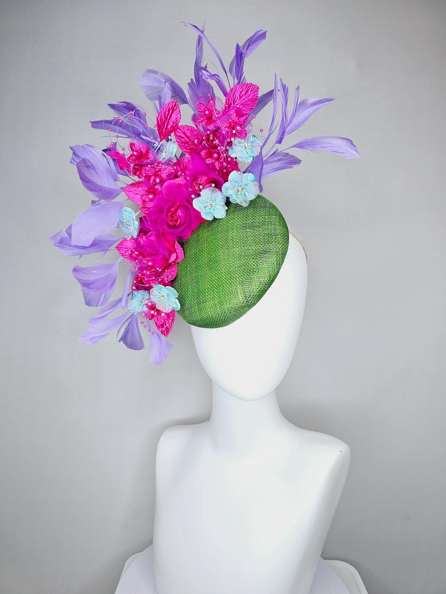 kentucky derby hat fascinator lime green sinamay,bright pink fuchsia baby blue organza satin flowers, pink leaves,lavender purple feathers