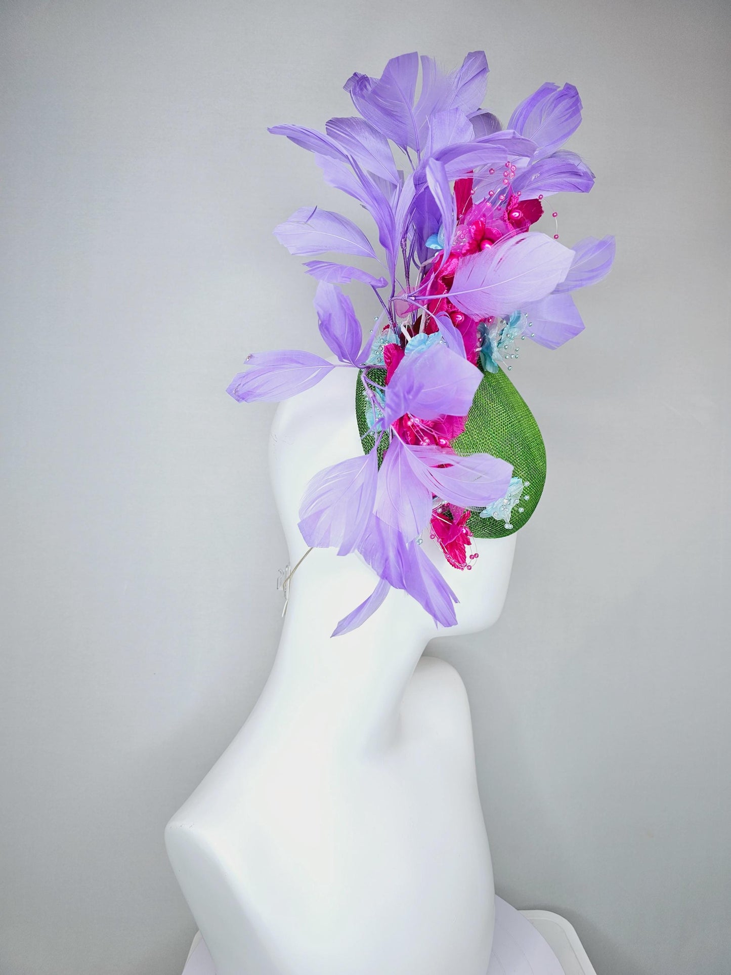 kentucky derby hat fascinator lime green sinamay,bright pink fuchsia baby blue organza satin flowers, pink leaves,lavender purple feathers