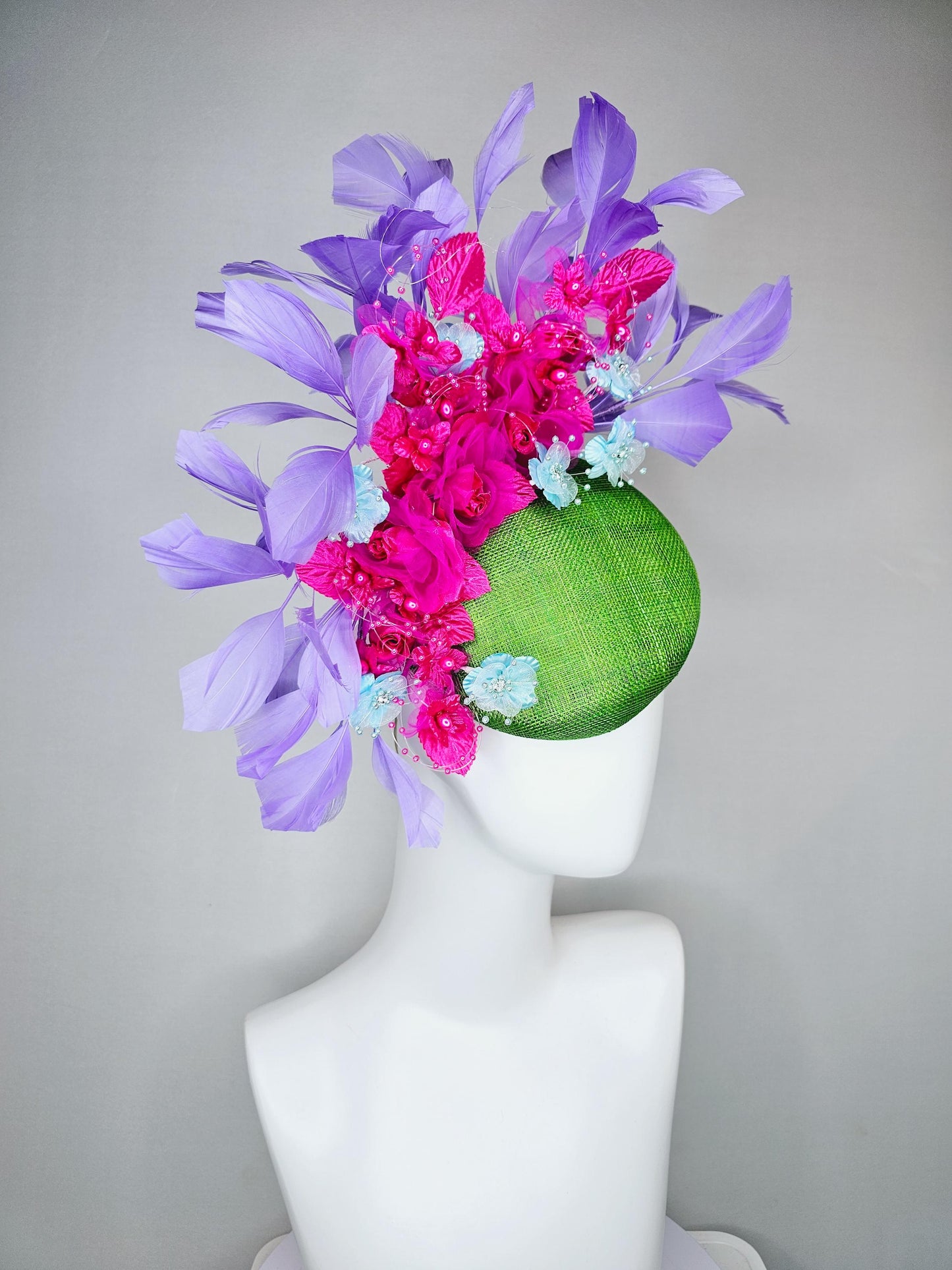 kentucky derby hat fascinator lime green sinamay,bright pink fuchsia baby blue organza satin flowers, pink leaves,lavender purple feathers