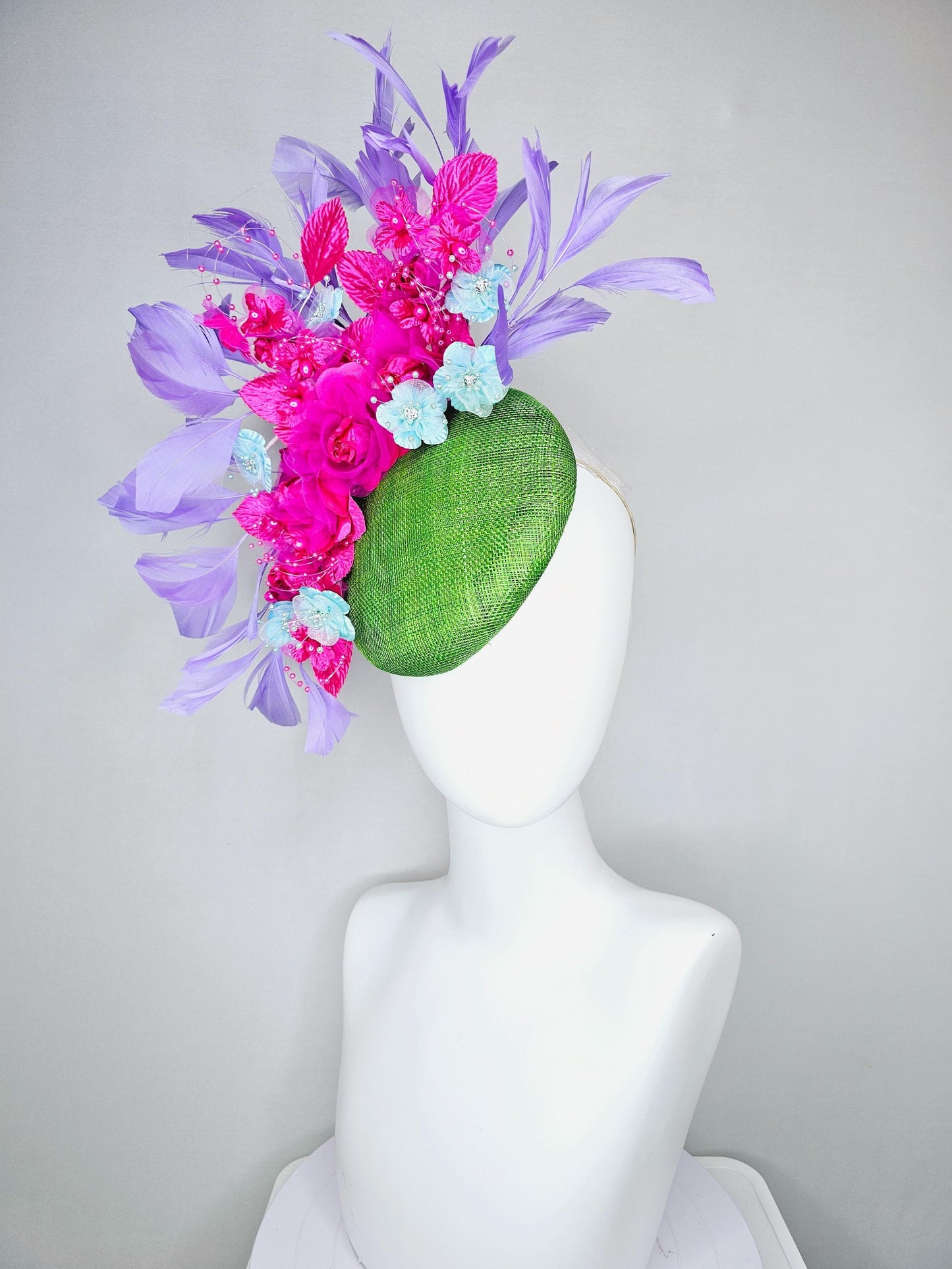 kentucky derby hat fascinator lime green sinamay,bright pink fuchsia baby blue organza satin flowers, pink leaves,lavender purple feathers