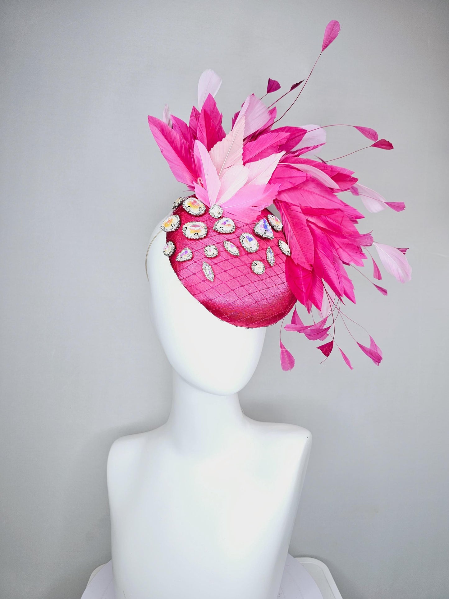 kentucky derby hat fascinator hot pink satin with netting, iridescent crystal rhinestones jewels,light blush pink hot bright pink feathers