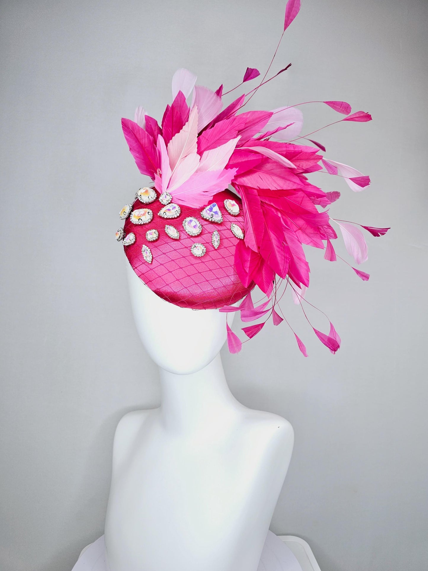 kentucky derby hat fascinator hot pink satin with netting, iridescent crystal rhinestones jewels,light blush pink hot bright pink feathers