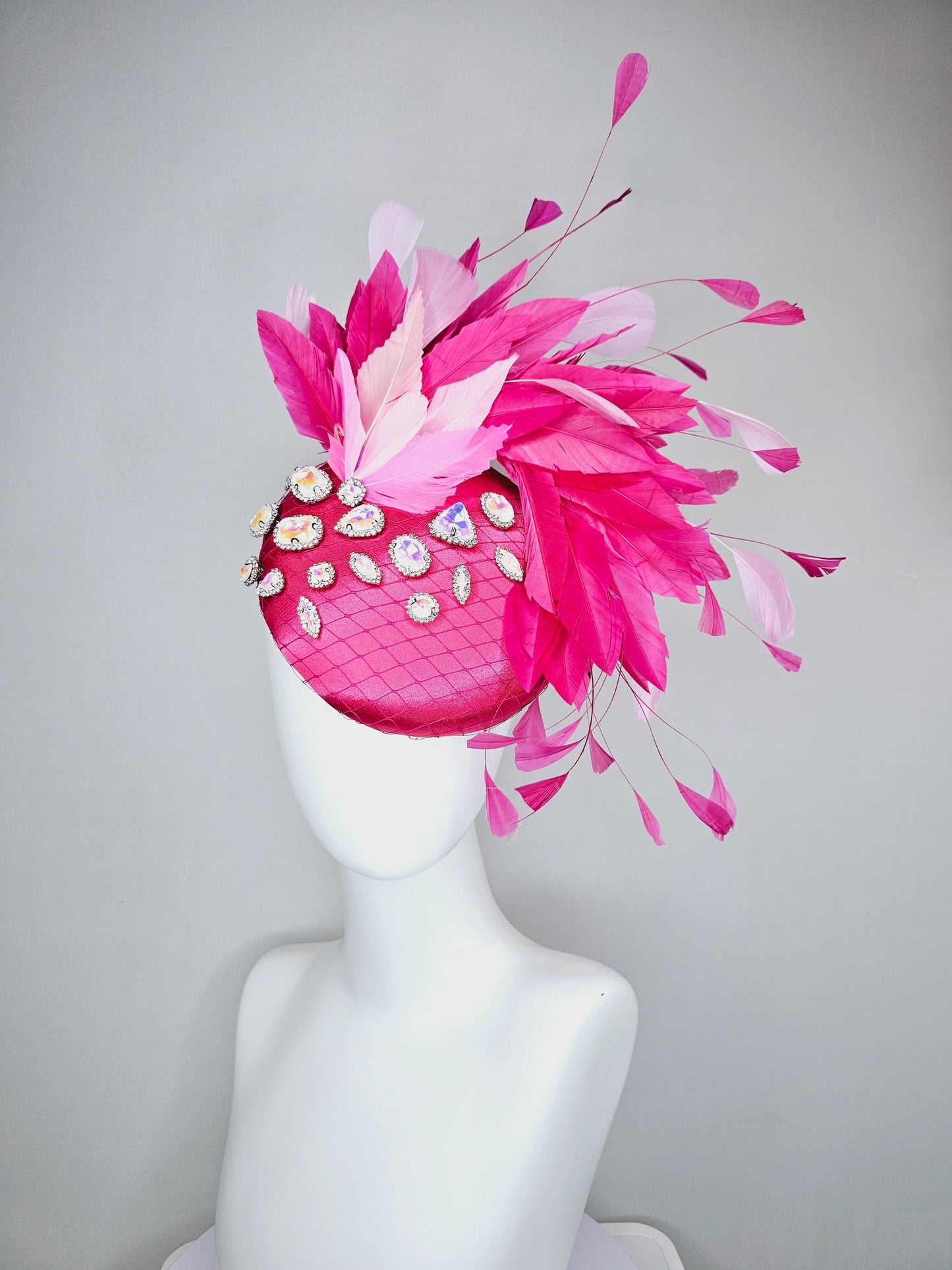 kentucky derby hat fascinator hot pink satin with netting, iridescent crystal rhinestones jewels,light blush pink hot bright pink feathers