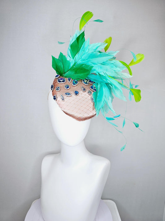 kentucky derby hat fascinator champagne pink satin w/ netting,iridescent blue crystal rhinestone jewels,emerald mint lime green feathers