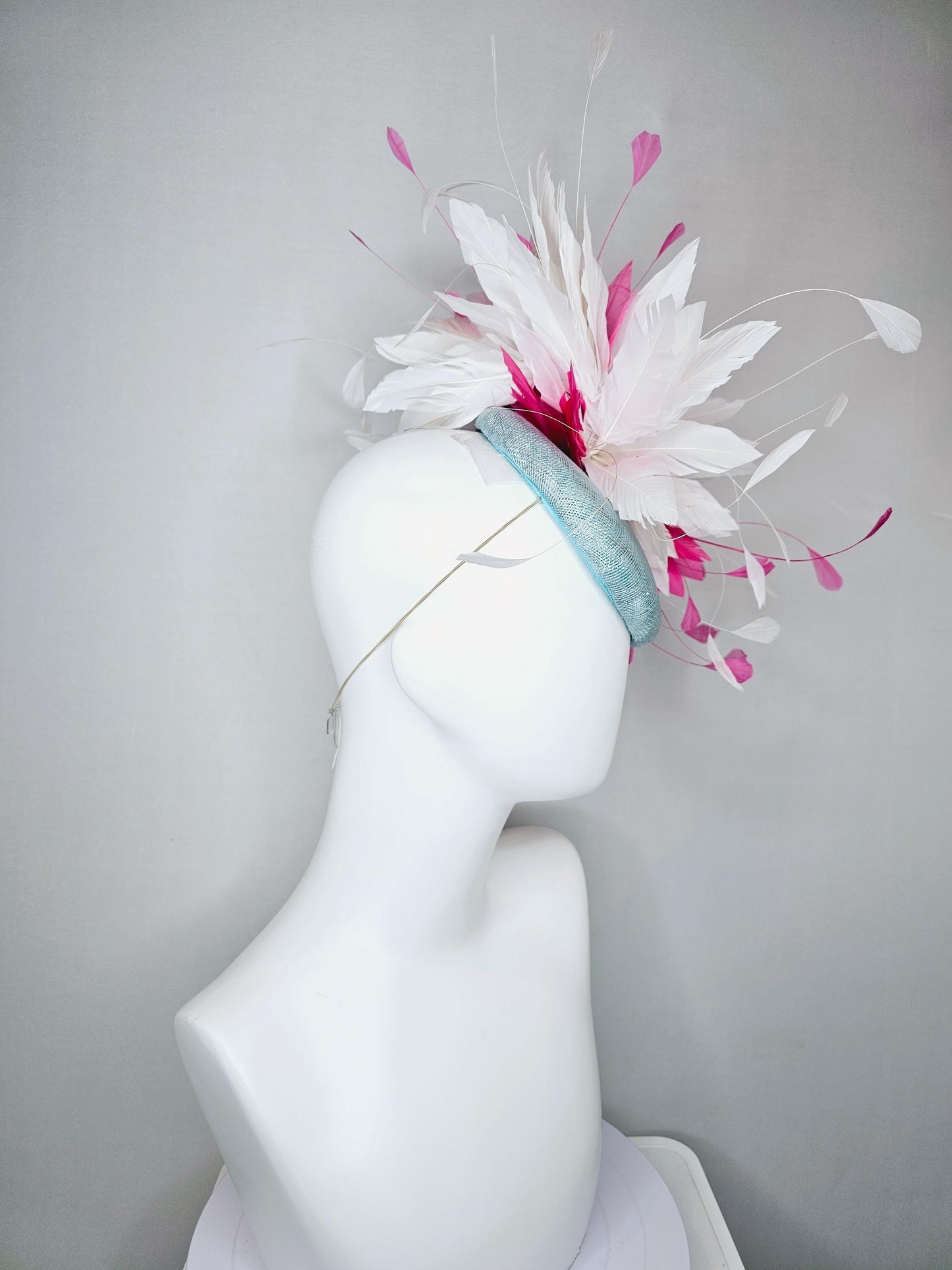 kentucky derby hat fascinator light blue sinamay with fluffy white and hot pink branching feathers