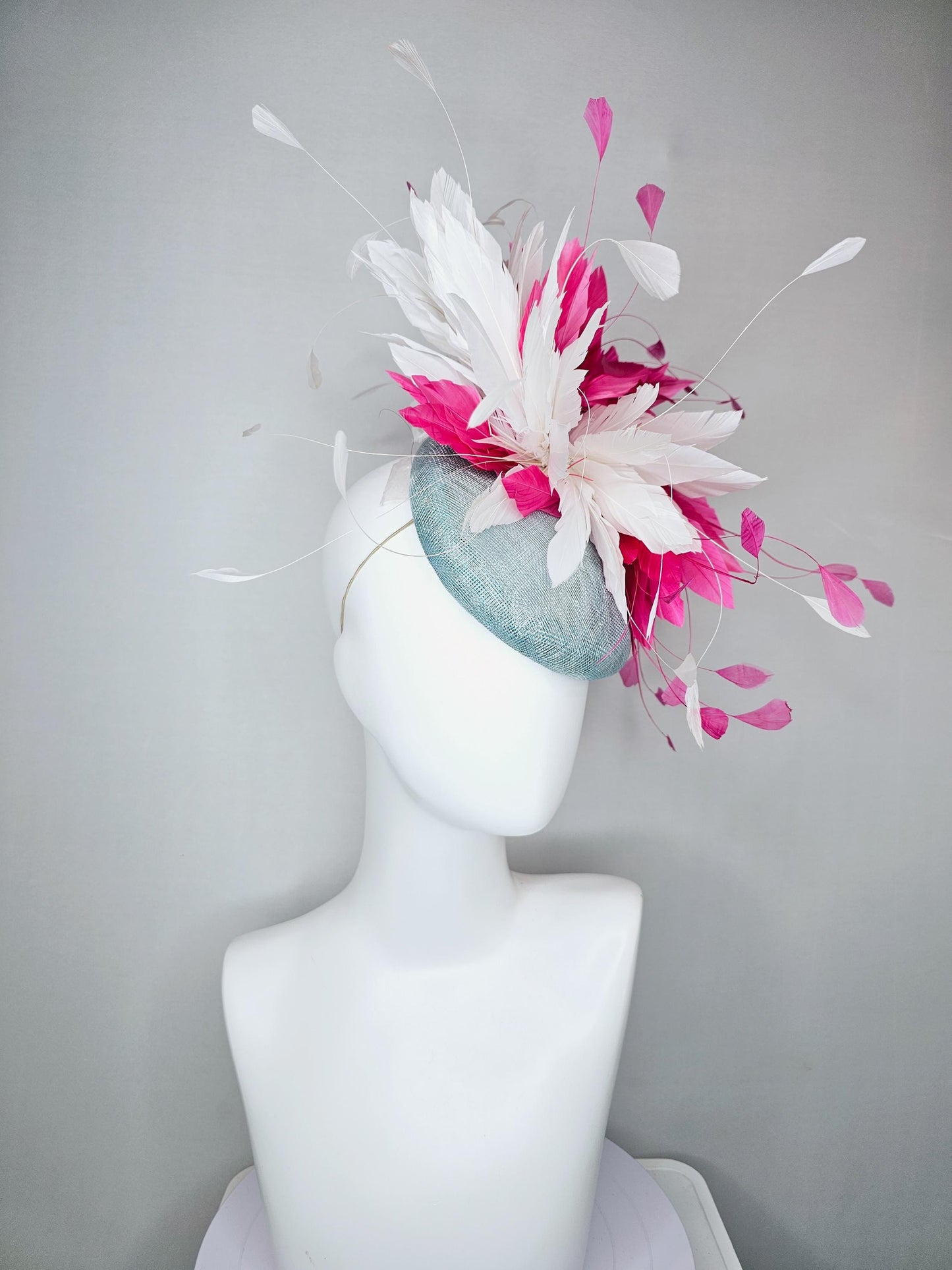 kentucky derby hat fascinator light blue sinamay with fluffy white and hot pink branching feathers