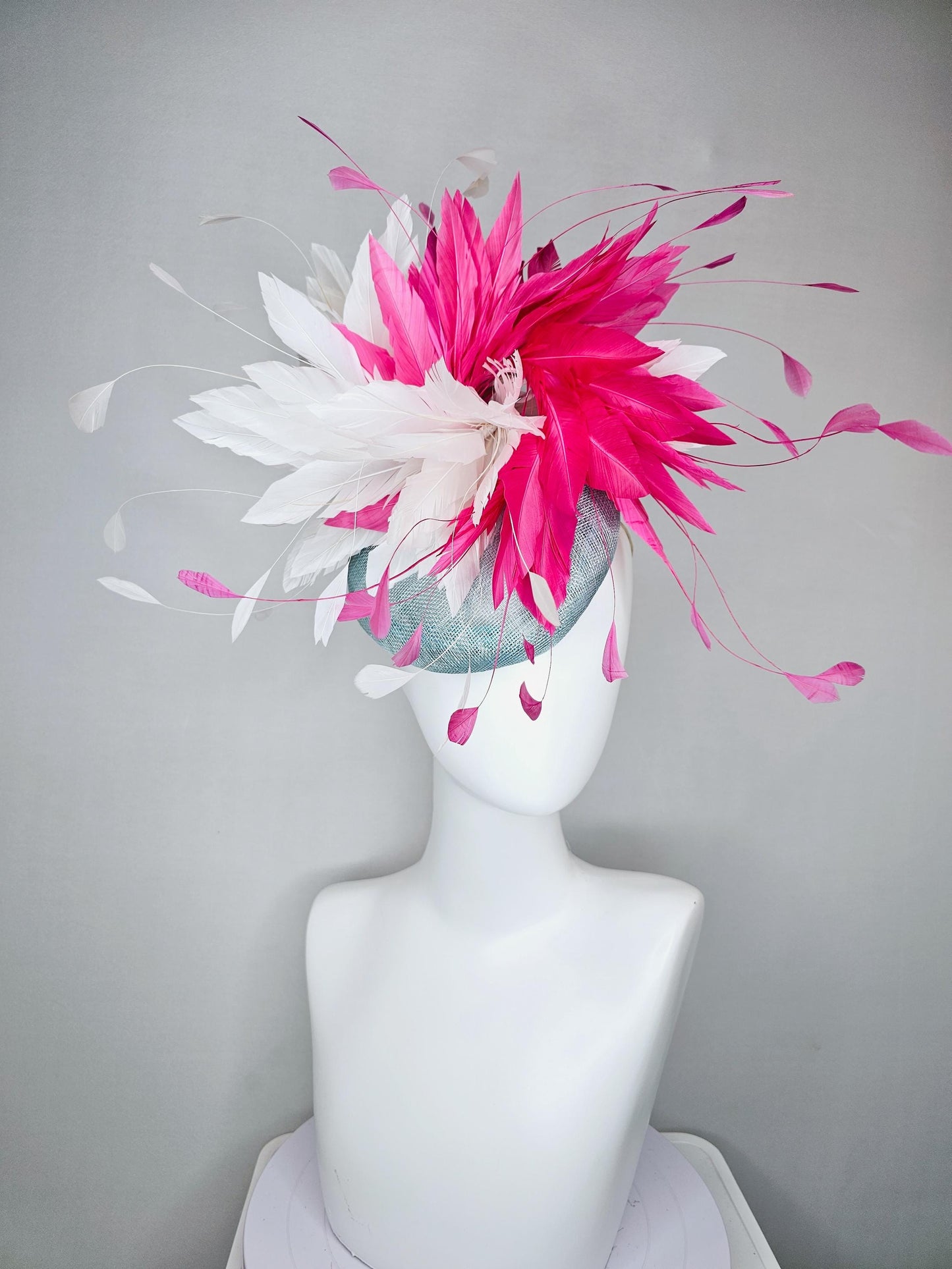 kentucky derby hat fascinator light blue sinamay with fluffy white and hot pink branching feathers