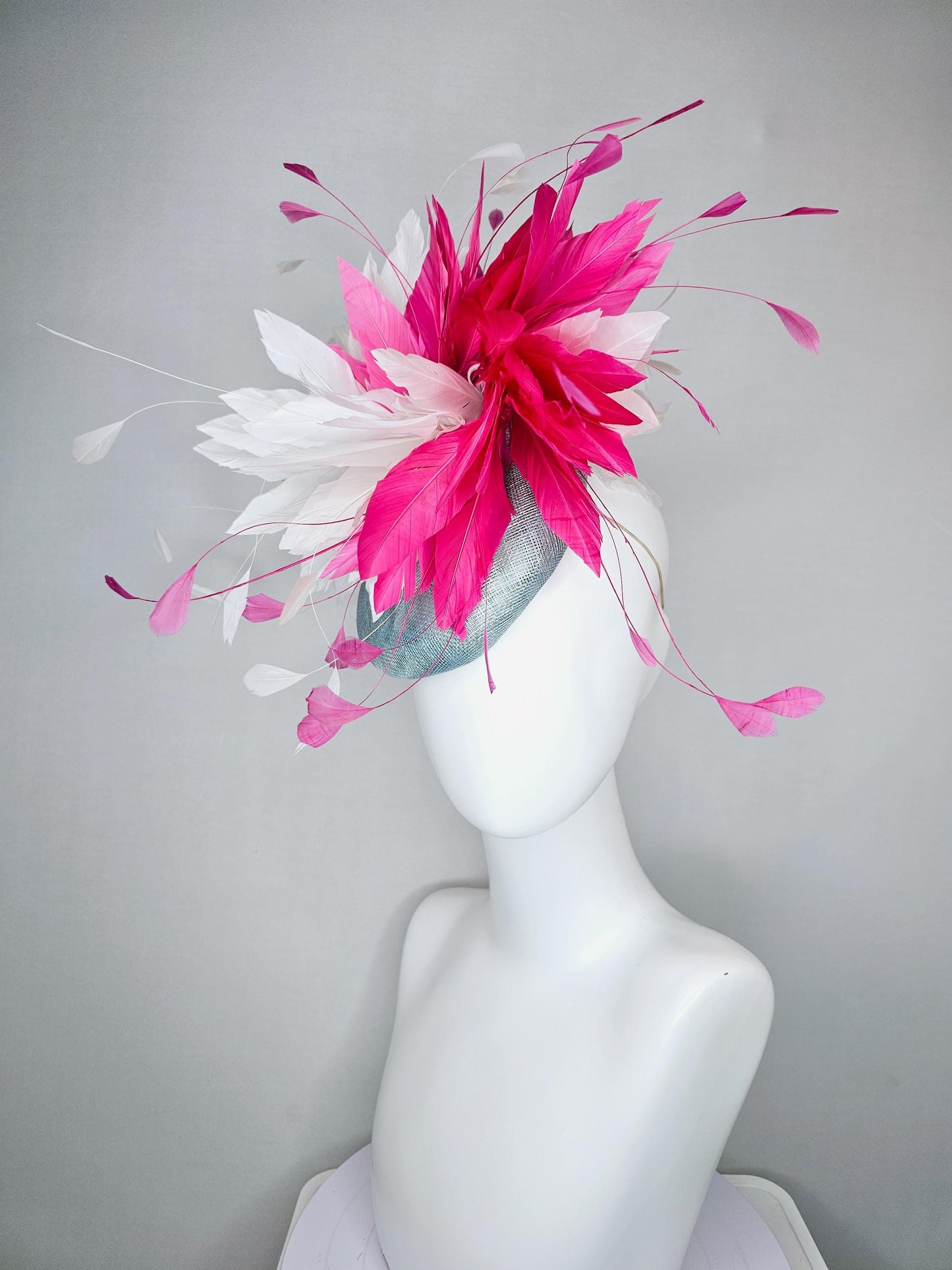 kentucky derby hat fascinator light blue sinamay with fluffy white and hot pink branching feathers