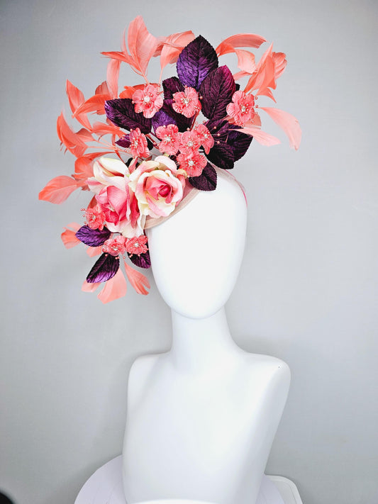 kentucky derby hat fascinator ivory pink ombre satin roses,coral orange organza satin flowers,purple leaves, coral orange branching feathers