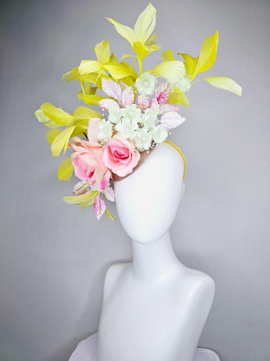 kentucky derby hat fascinator pink ombre satin roses, ivory white organza satin flowers, pink ombre leaves, yellow branching feathers