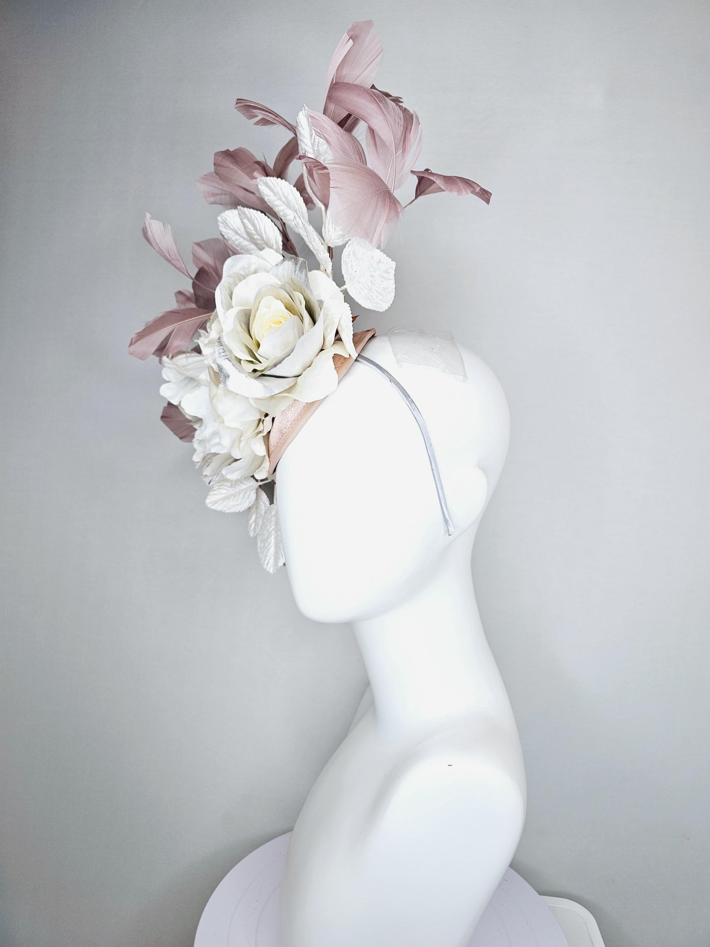 kentucky derby hat fascinator large neutral ivory white silver satin flowers, white leaves, mauve taupe branching feathers