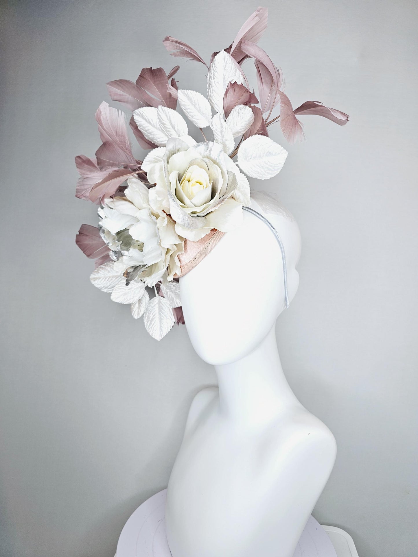 kentucky derby hat fascinator large neutral ivory white silver satin flowers, white leaves, mauve taupe branching feathers