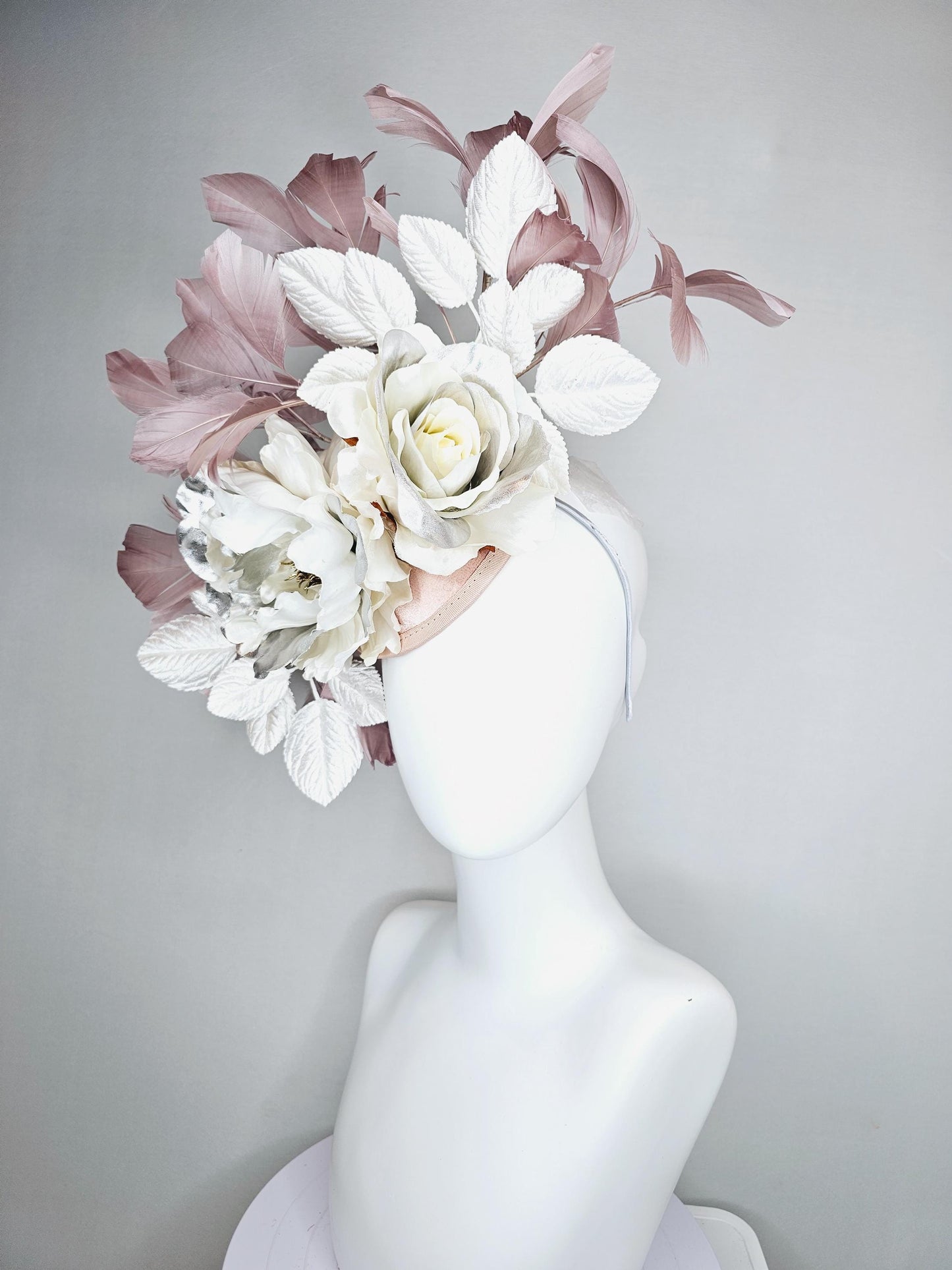 kentucky derby hat fascinator large neutral ivory white silver satin flowers, white leaves, mauve taupe branching feathers