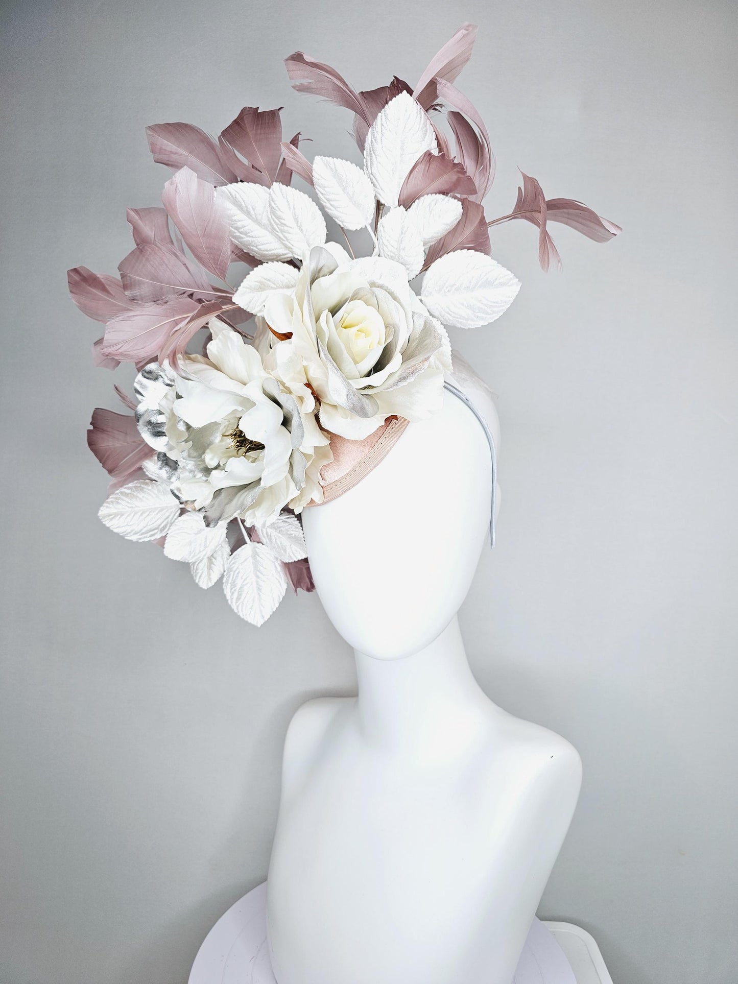 kentucky derby hat fascinator large neutral ivory white silver satin flowers, white leaves, mauve taupe branching feathers