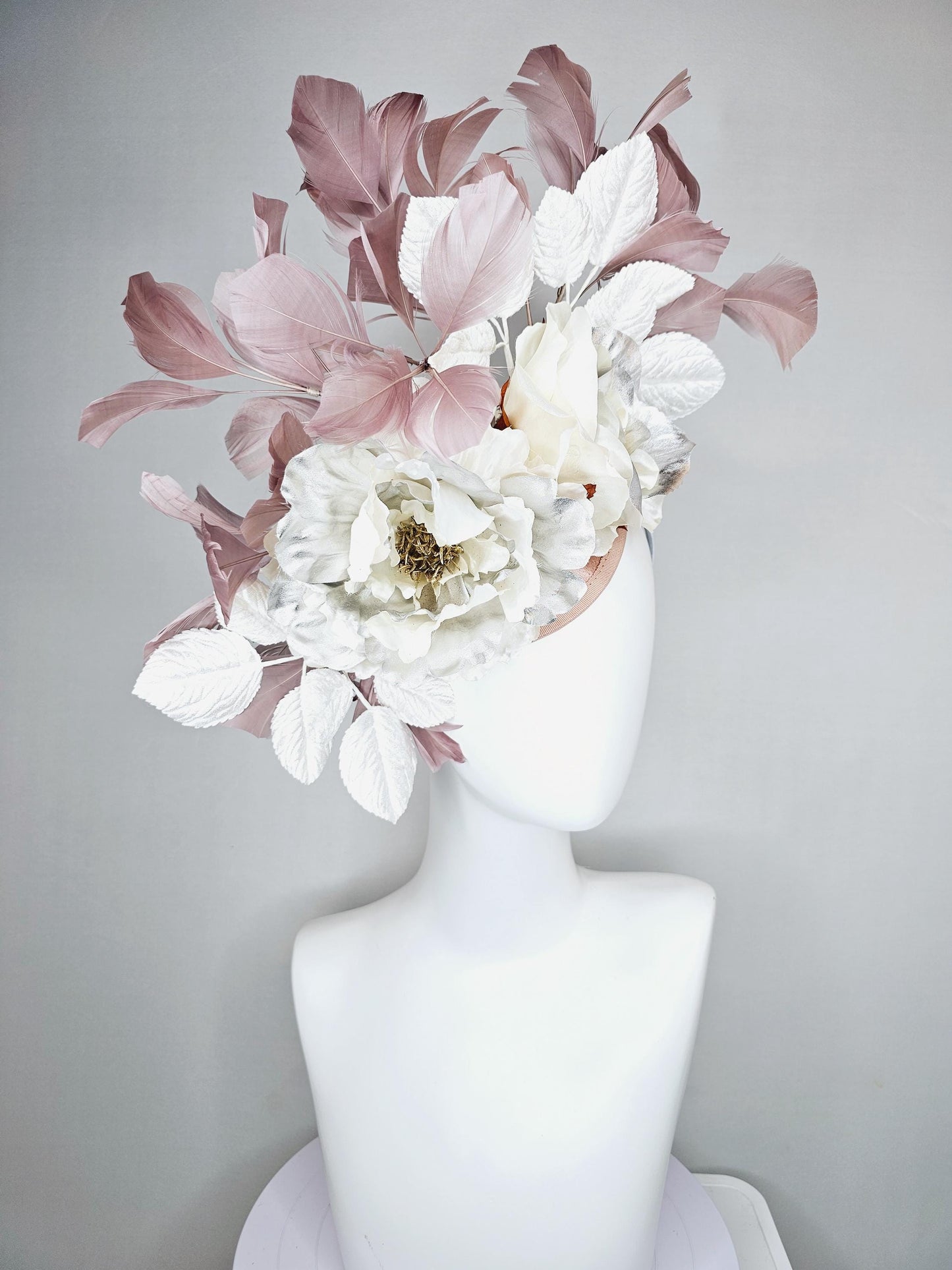 kentucky derby hat fascinator large neutral ivory white silver satin flowers, white leaves, mauve taupe branching feathers