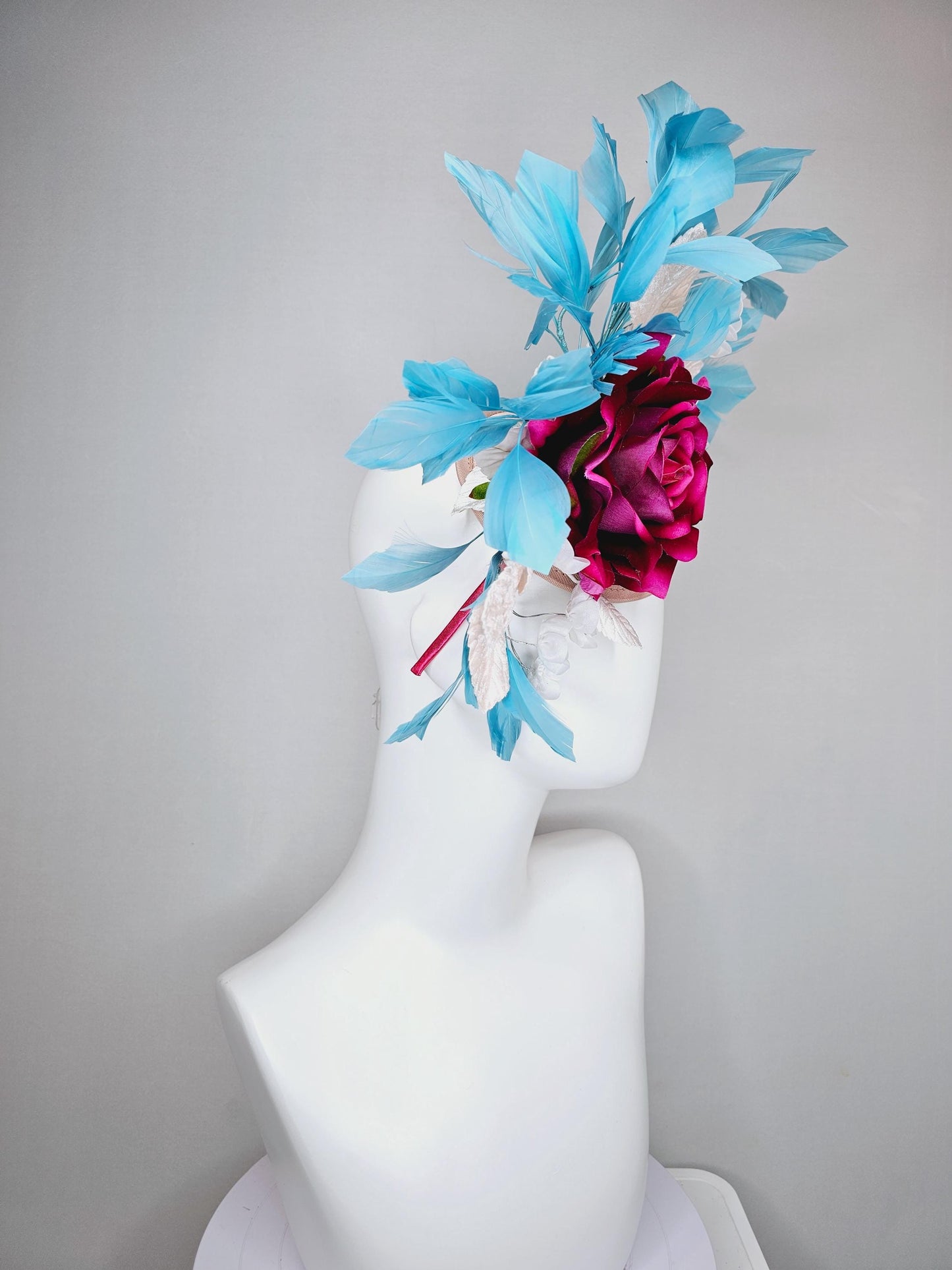 kentucky derby hat fascinator ombre fuchsia pink satin rose,white flowers with crystal pearl center,white leaves,sky blue branching feathers