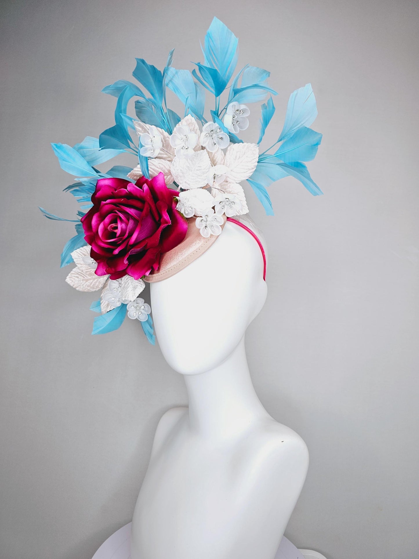 kentucky derby hat fascinator ombre fuchsia pink satin rose,white flowers with crystal pearl center,white leaves,sky blue branching feathers