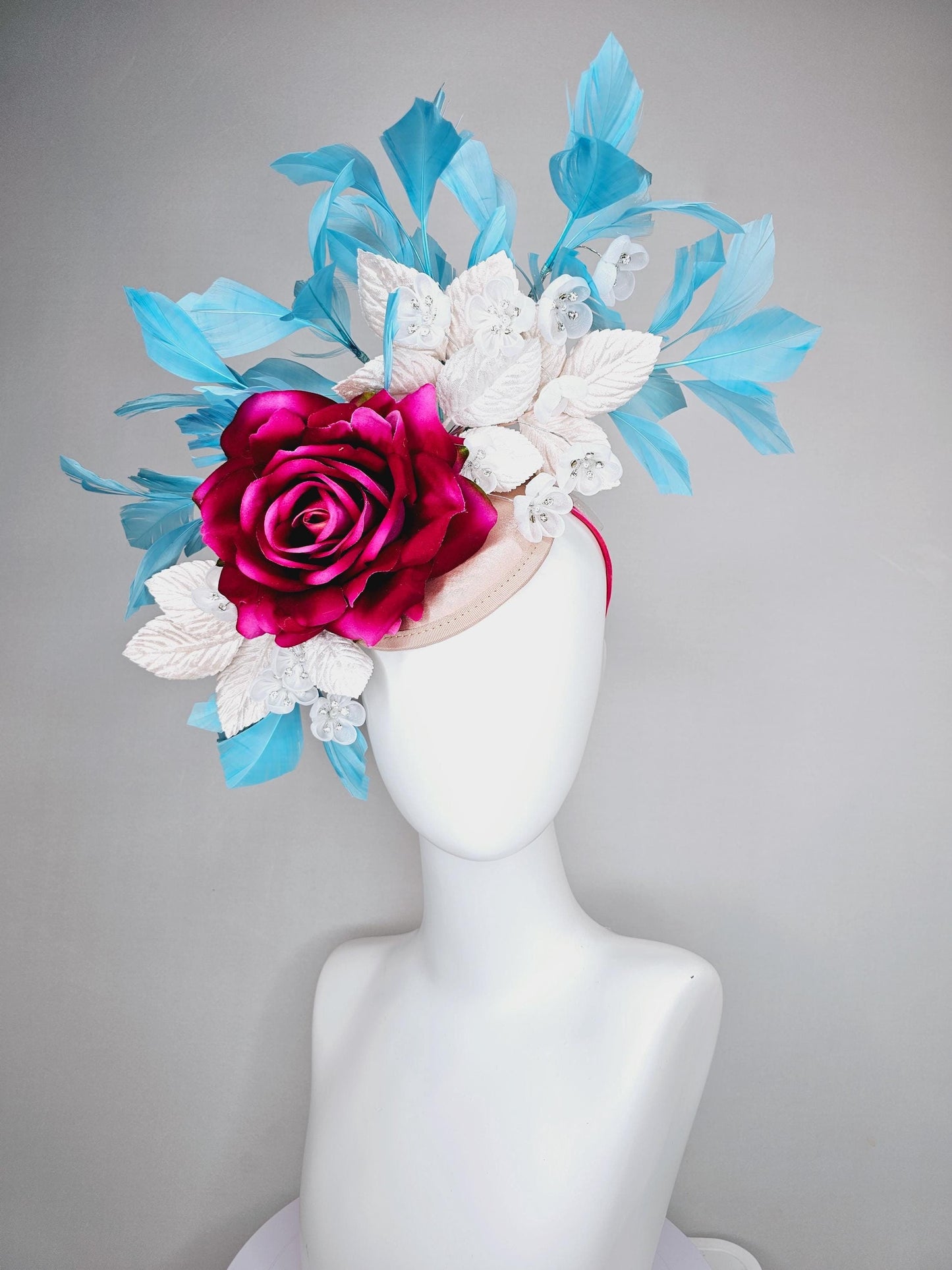 kentucky derby hat fascinator ombre fuchsia pink satin rose,white flowers with crystal pearl center,white leaves,sky blue branching feathers