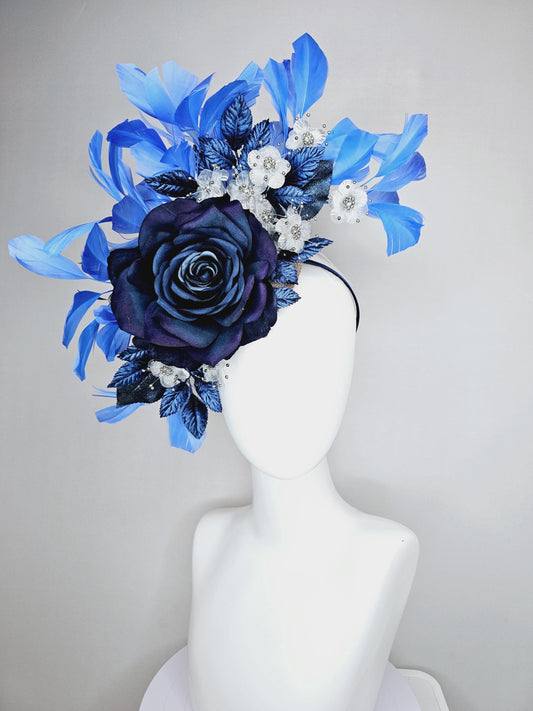 kentucky derby hat fascinator ombre navy blue satin rose, white flowers with silver beads, royal blue leaves, cobalt blue branching feathers
