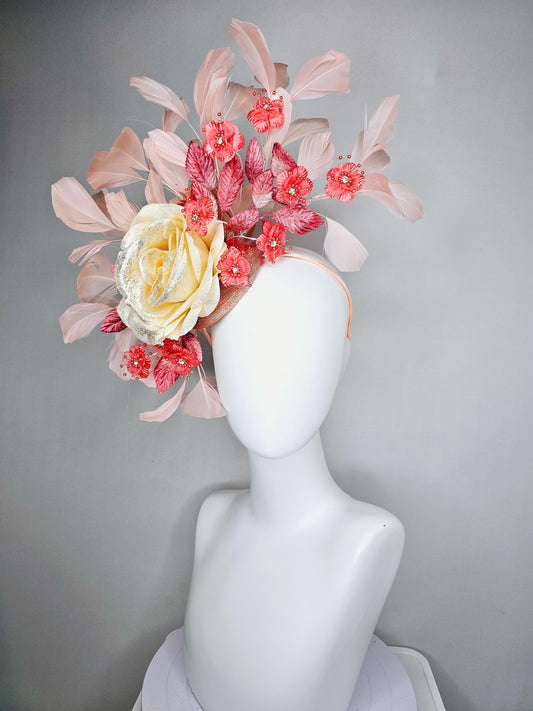 kentucky derby hat fascinator neutral cream satin rose, coral orange satin flowers, pink ombre leaves, light blush pink branching feathers