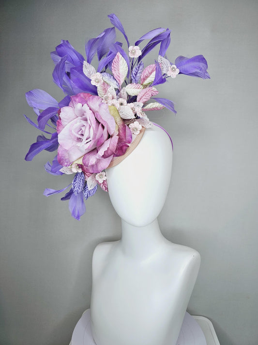 kentucky derby hat fascinator magenta purple ombre satin rose, light pink flowers,lavender purple pink ombre leaves,lavender purple feathers