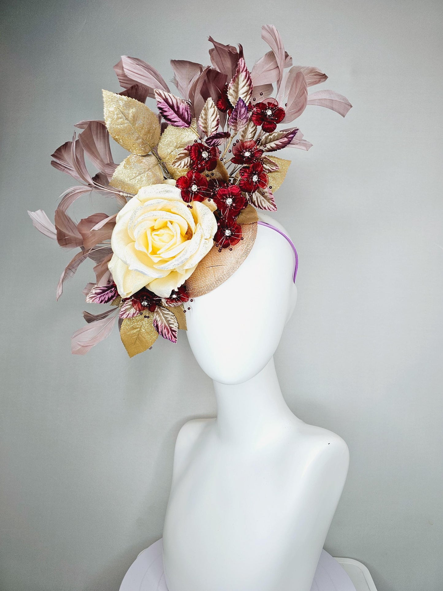 kentucky derby hat fascinator neutral cream satin rose, burgundy red flowers,gold purple ombre leaves,mauve taupe neutral tan beige feathers