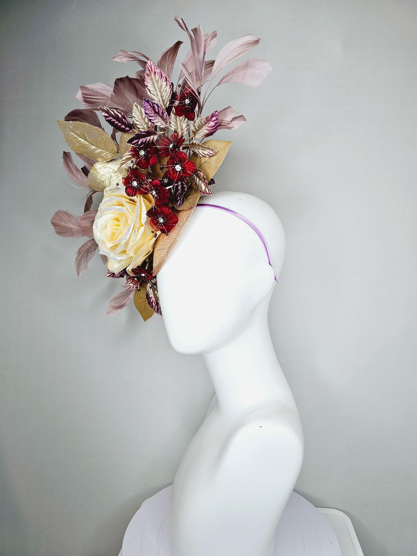 kentucky derby hat fascinator neutral cream satin rose, burgundy red flowers,gold purple ombre leaves,mauve taupe neutral tan beige feathers