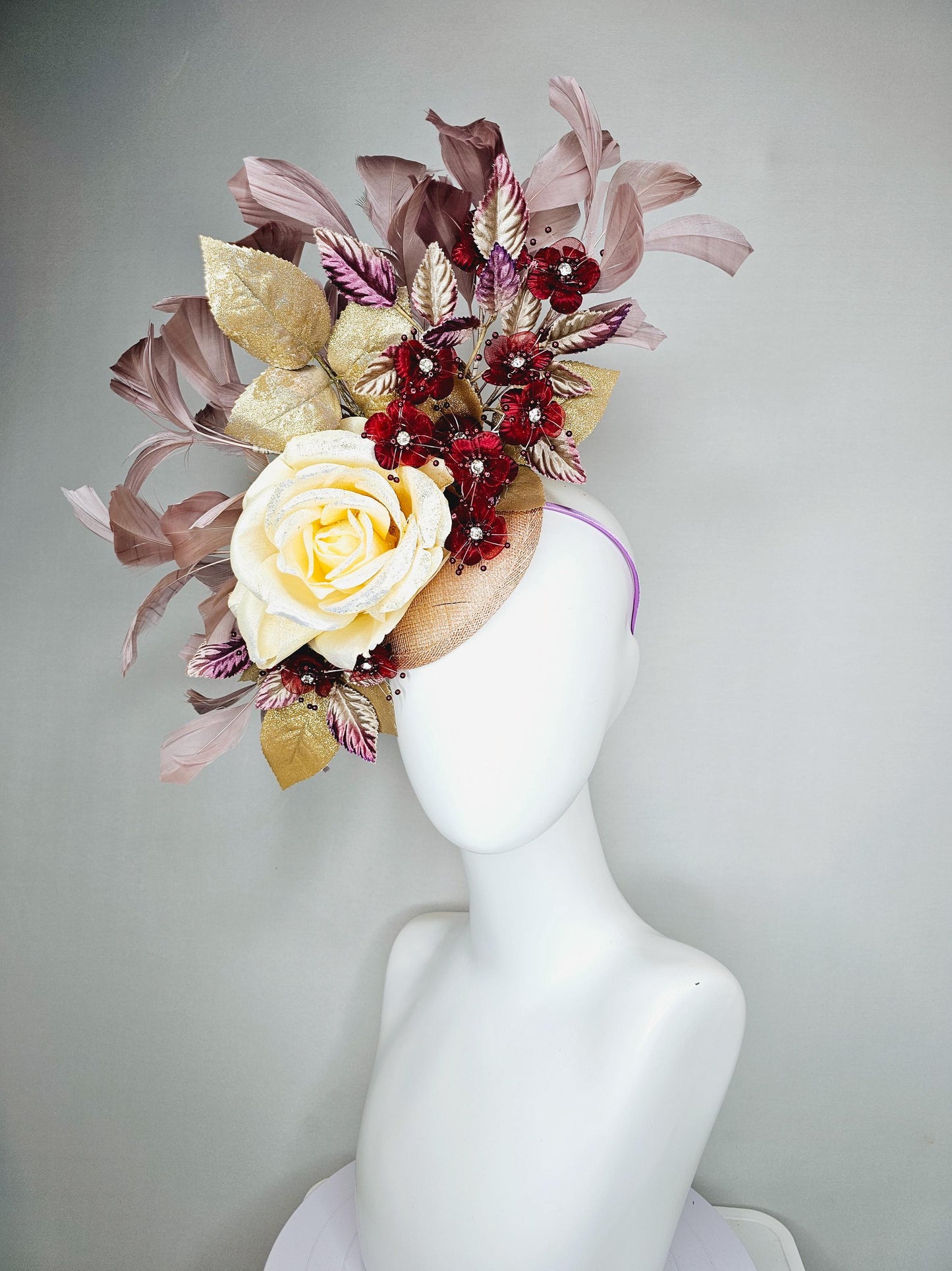 kentucky derby hat fascinator neutral cream satin rose, burgundy red flowers,gold purple ombre leaves,mauve taupe neutral tan beige feathers