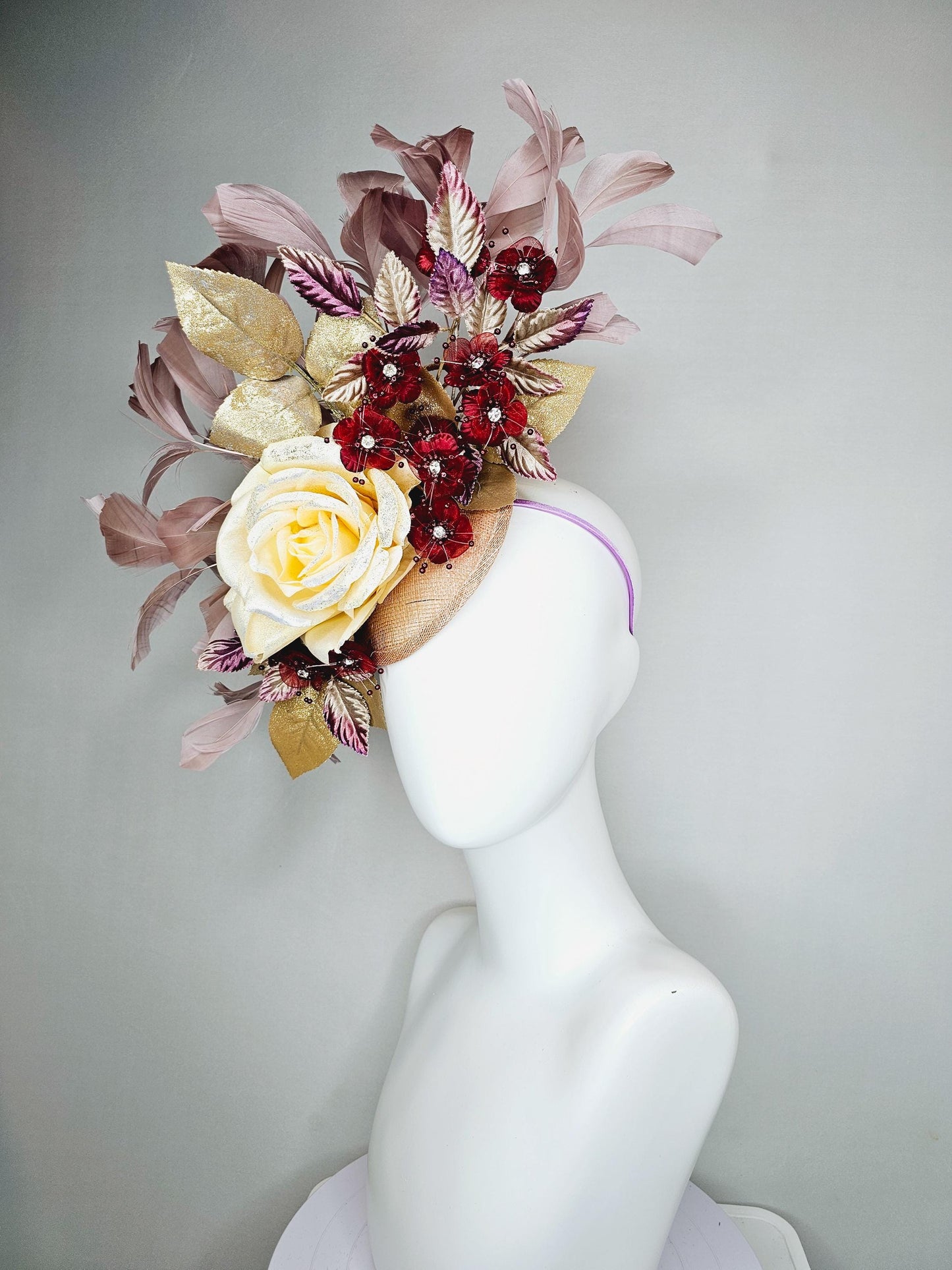 kentucky derby hat fascinator neutral cream satin rose, burgundy red flowers,gold purple ombre leaves,mauve taupe neutral tan beige feathers