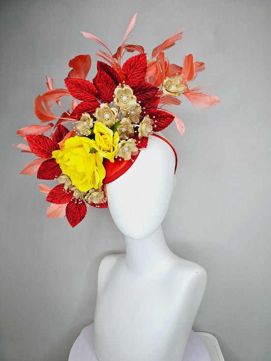 kentucky derby hat fascinator yellow satin roses,gold tan beige satin flowers with pearls,scarlet red leaves,coral orange branching feathers