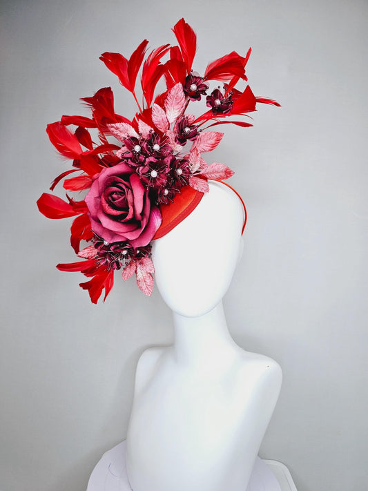 kentucky derby hat fascinator light red ombre satin rose, burgundy red satin flowers with pearls,light red ombre leaves,scarlet red feathers