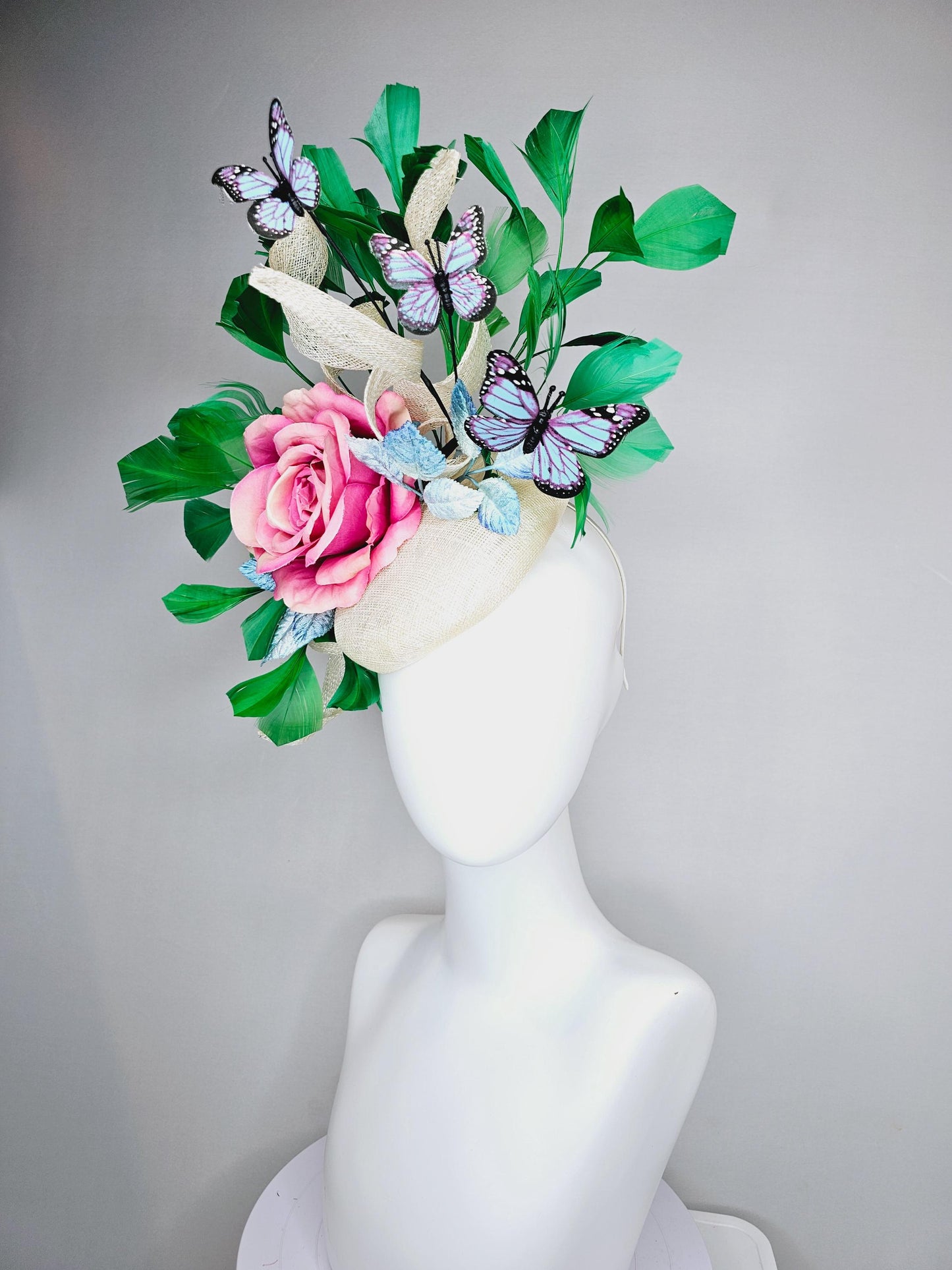 kentucky derby hat fascinator ivory white sinamay w/ curls, ombre pink satin rose, ombre blue leaves,emerald green feathers,blue butterflies