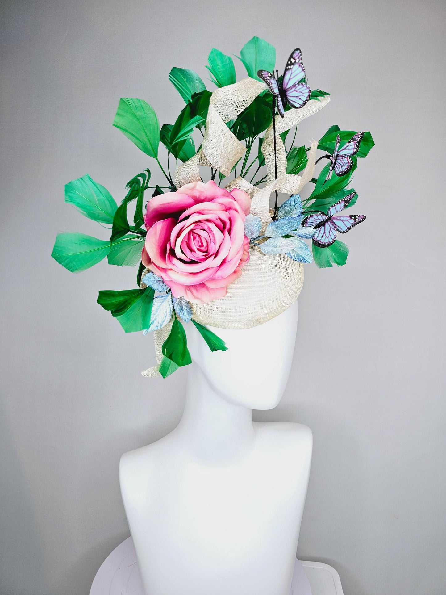 kentucky derby hat fascinator ivory white sinamay w/ curls, ombre pink satin rose, ombre blue leaves,emerald green feathers,blue butterflies