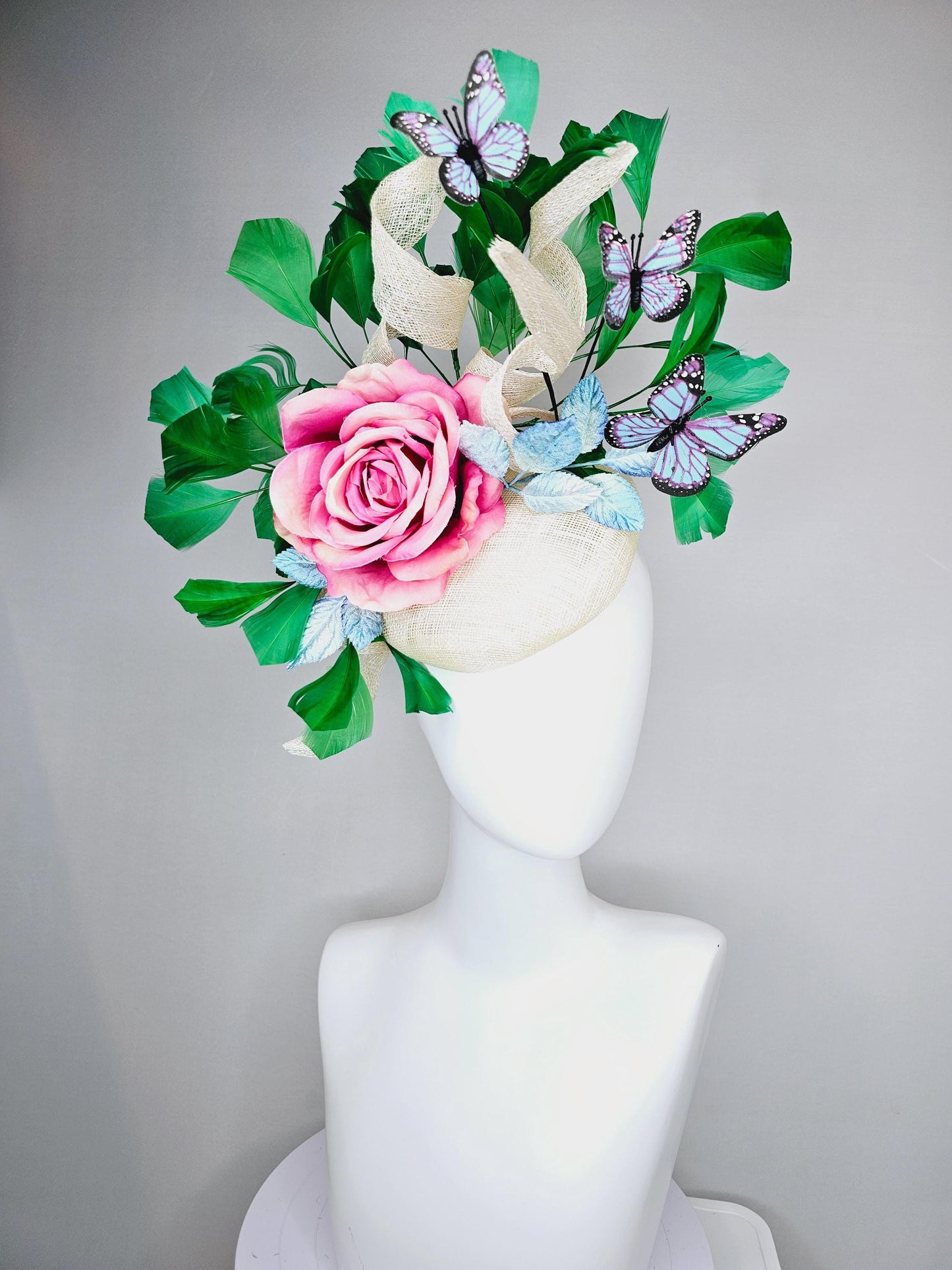 kentucky derby hat fascinator ivory white sinamay w/ curls, ombre pink satin rose, ombre blue leaves,emerald green feathers,blue butterflies