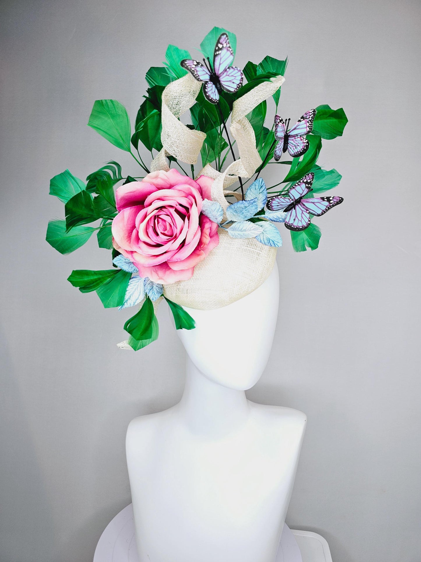 kentucky derby hat fascinator ivory white sinamay w/ curls, ombre pink satin rose, ombre blue leaves,emerald green feathers,blue butterflies