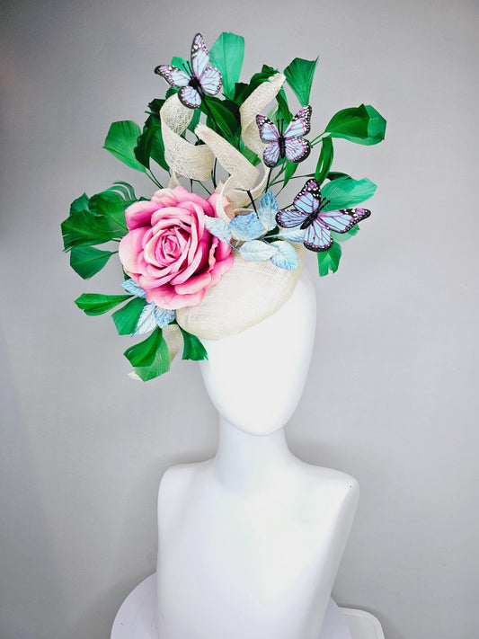 kentucky derby hat fascinator ivory white sinamay w/ curls, ombre pink satin rose, ombre blue leaves,emerald green feathers,blue butterflies