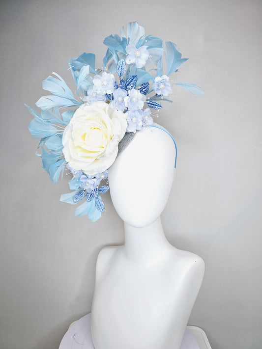 kentucky derby hat fascinator neutral ivory white satin rose, light blue satin flowers with pearl,cobalt blue leaves,ivory sky blue feathers