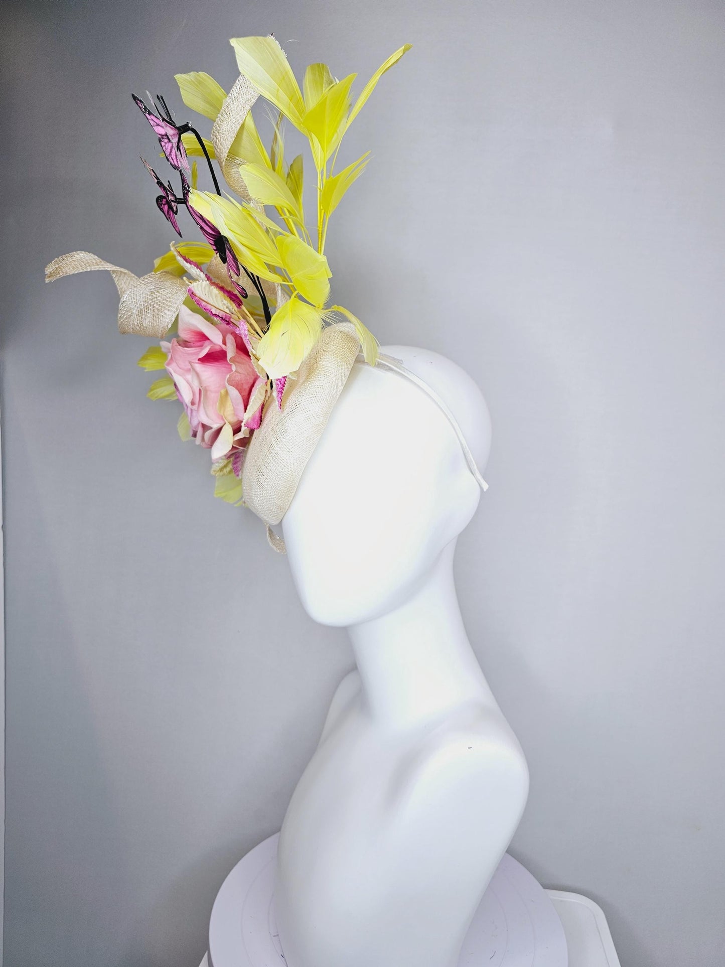 kentucky derby hat fascinator ivory white sinamay w/ curls, ombre pink satin rose, ombre pink yellow leaves,yellow feathers,pink butterflies