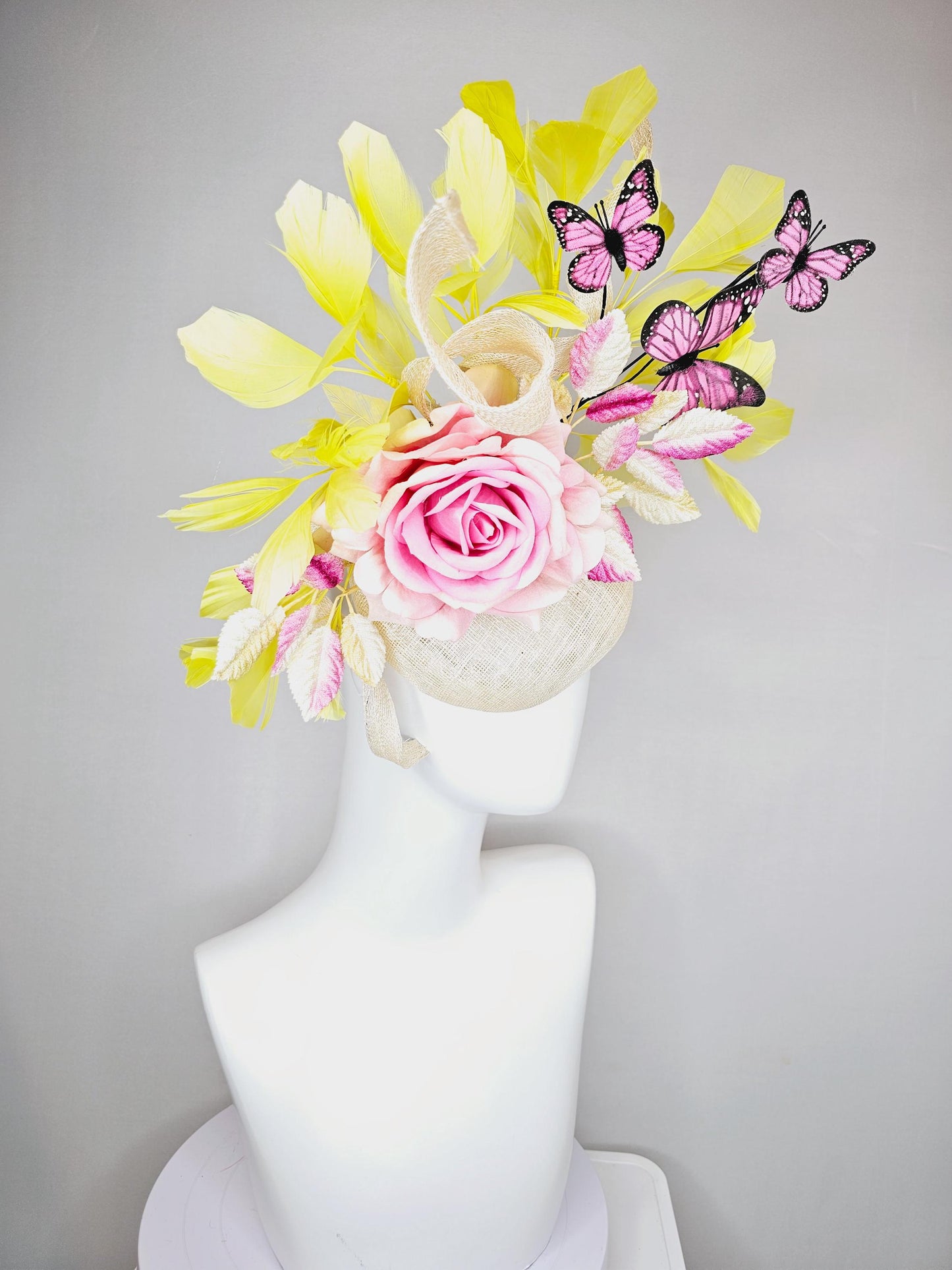 kentucky derby hat fascinator ivory white sinamay w/ curls, ombre pink satin rose, ombre pink yellow leaves,yellow feathers,pink butterflies