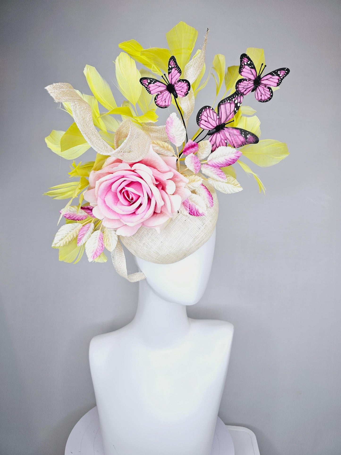 kentucky derby hat fascinator ivory white sinamay w/ curls, ombre pink satin rose, ombre pink yellow leaves,yellow feathers,pink butterflies