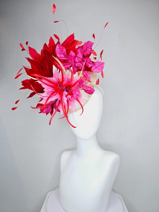 kentucky derby hat fascinator neutral beige sinamay with blush pink beige feather flower, bright pink leaves, scarlet red branching feathers