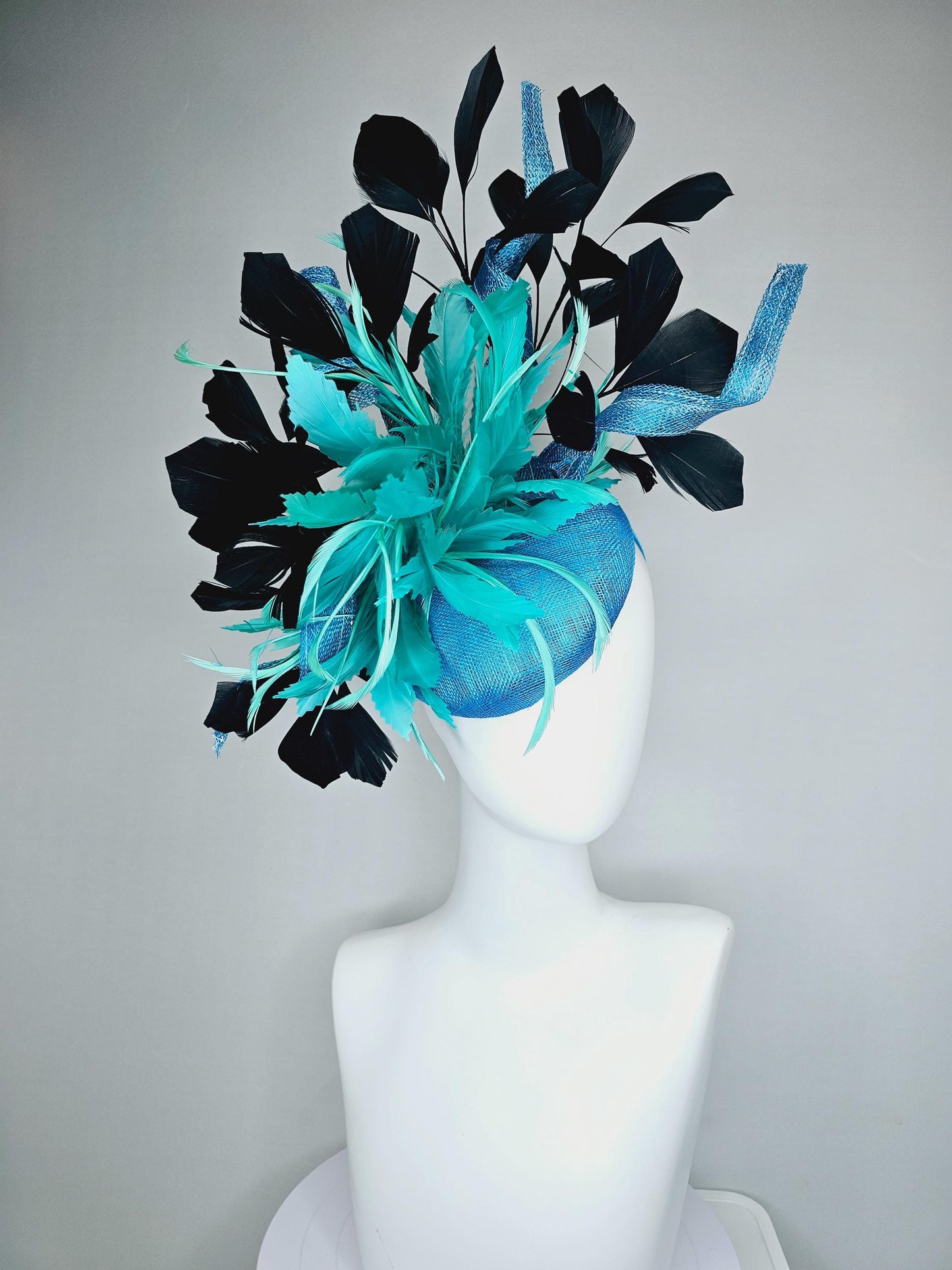 kentucky derby hat fascinator sky blue sinamay with curls, fluffy zigzag turquoise blue mint green feather flower, black branching feathers