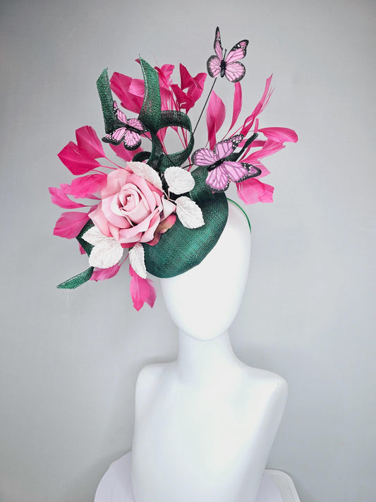 kentucky derby hat fascinator dark green sinamay w/ curls, pink ombre satin rose,white leaves,pink branching feathers,pink black butterflies