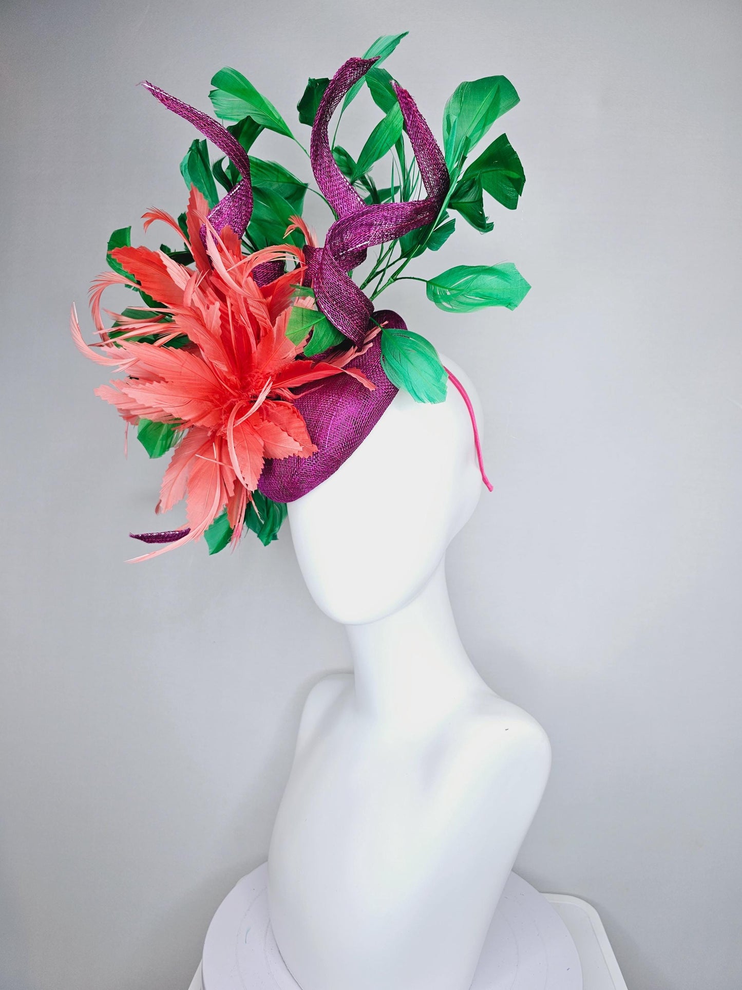 kentucky derby hat fascinator magenta purple sinamay with curls, fluffy zigzag coral orange feather flower, emerald green branching feathers