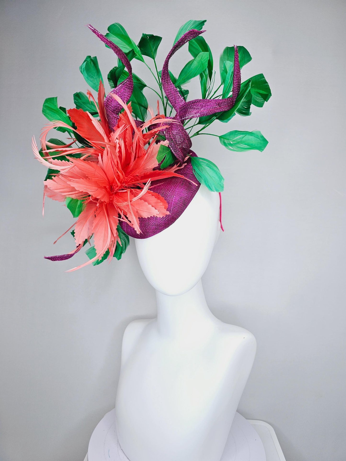 kentucky derby hat fascinator magenta purple sinamay with curls, fluffy zigzag coral orange feather flower, emerald green branching feathers