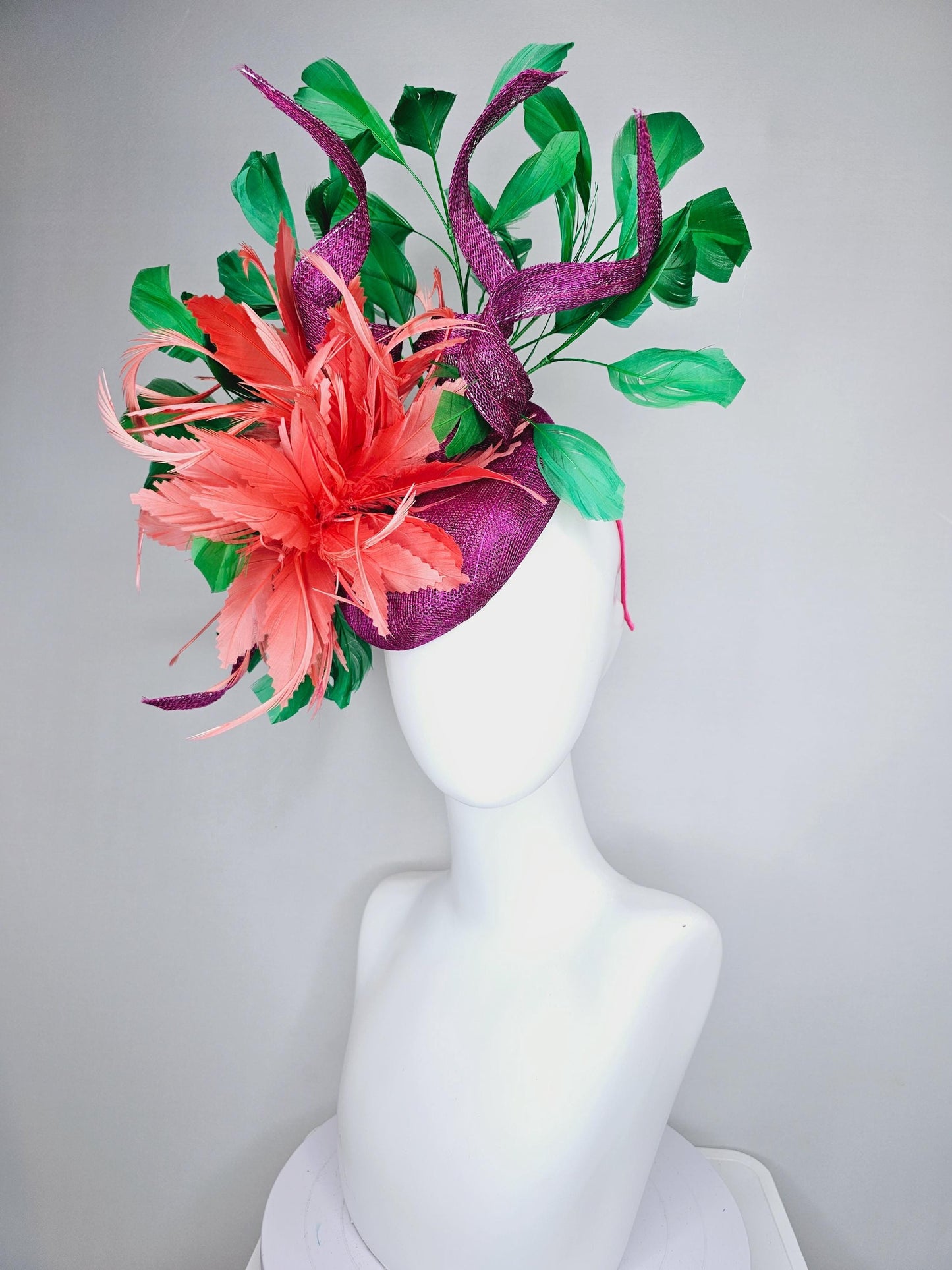 kentucky derby hat fascinator magenta purple sinamay with curls, fluffy zigzag coral orange feather flower, emerald green branching feathers