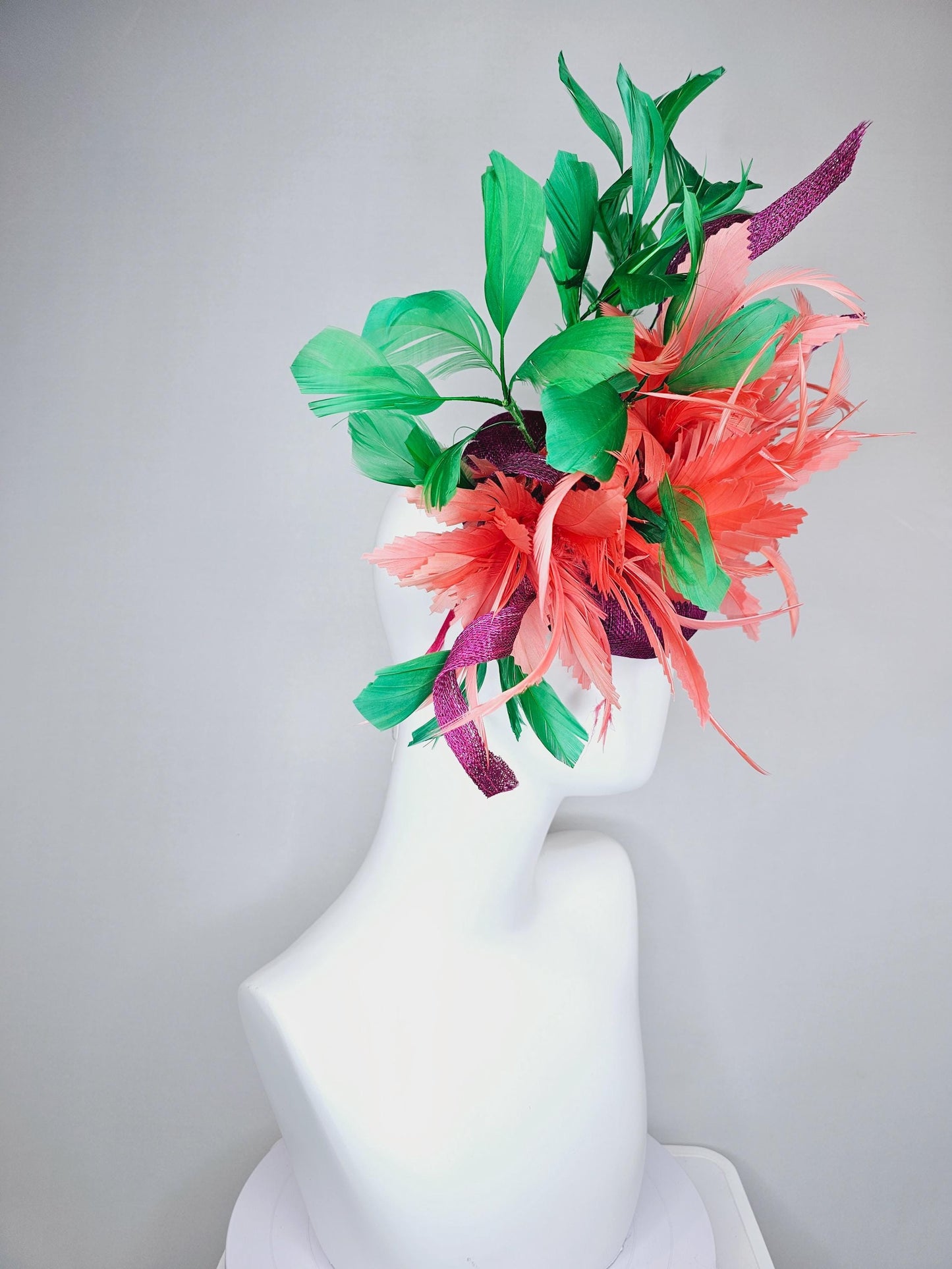 kentucky derby hat fascinator magenta purple sinamay with curls, fluffy zigzag coral orange feather flower, emerald green branching feathers