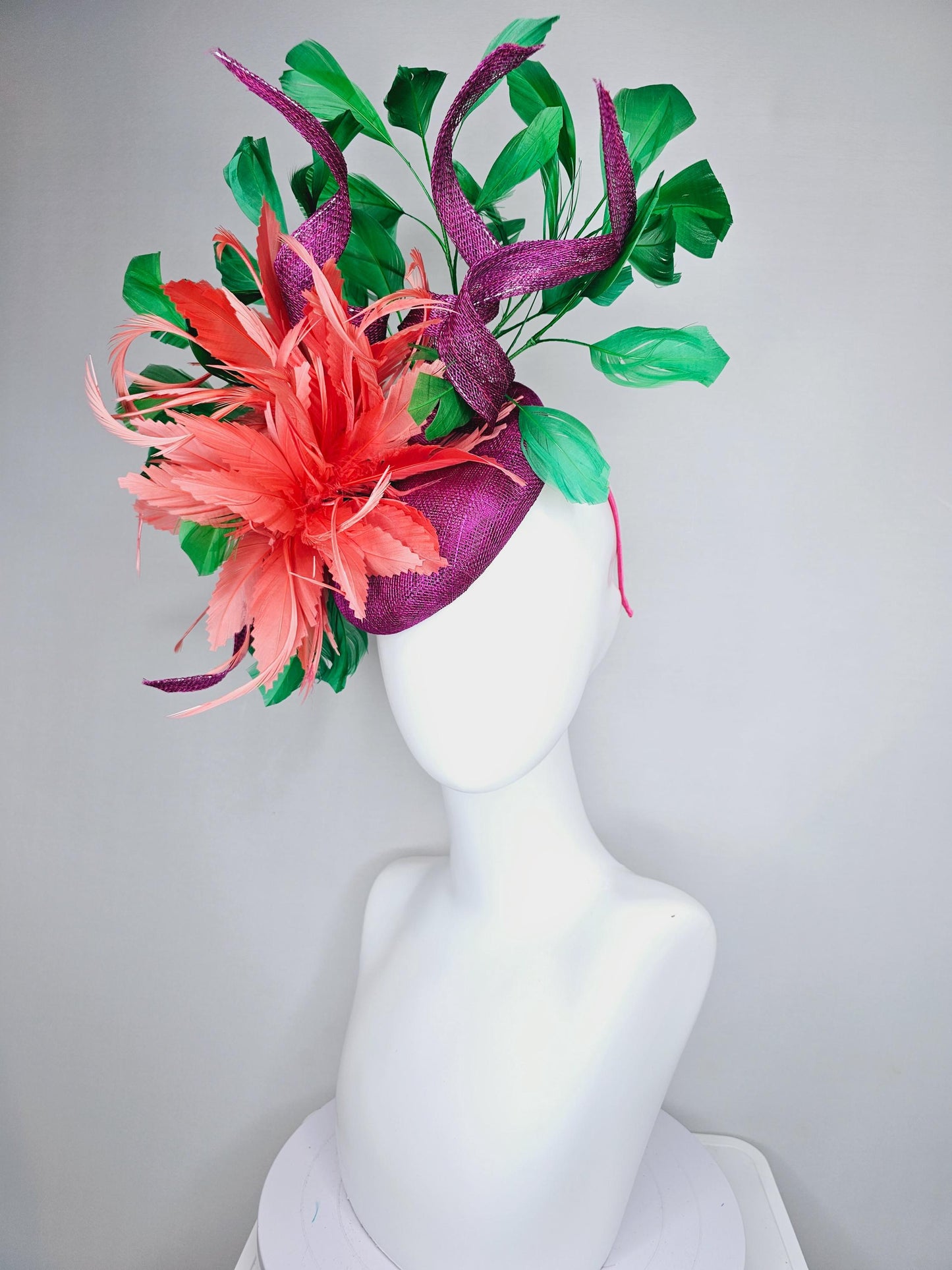 kentucky derby hat fascinator magenta purple sinamay with curls, fluffy zigzag coral orange feather flower, emerald green branching feathers